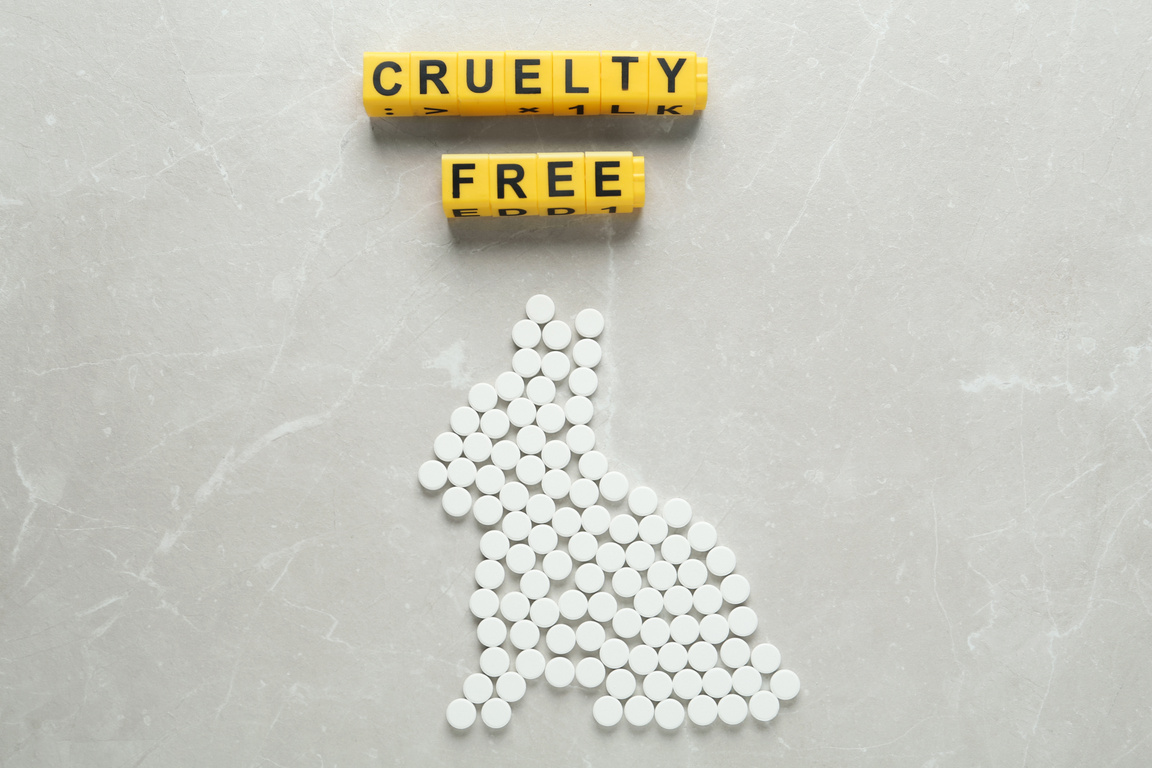 Cubes with Text Cruelty Free and Rabbit Figure of Pills on Light